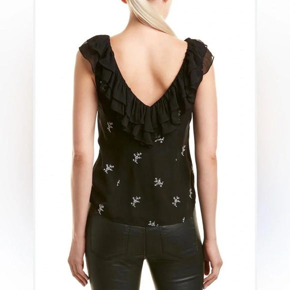 Cinq a Sept Embroidered Gia Ruffle Neckline Black Floral Silk blouse Top XS - Picture 3 of 9